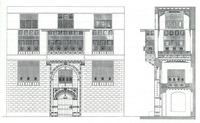 Ansicht und Schnitt eines Hauseingangs in Kair. Über Tor und doppelstöckigem Eingangsraum (mit Schikane) der vorkragenden Erker eines Wohnraums mit Muschrabîya-Gitterwerk